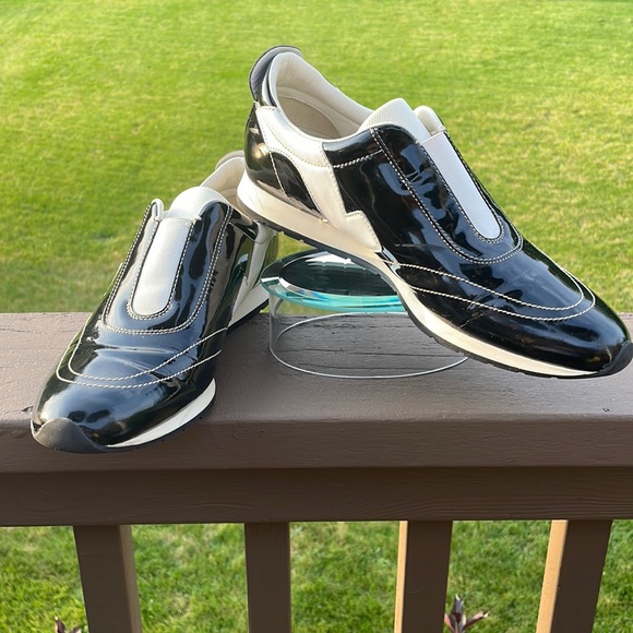 Salvatore Ferragamo Black Patent and White Leather Slip On Sneaker Shoes 10 B - Picture 2 of 16